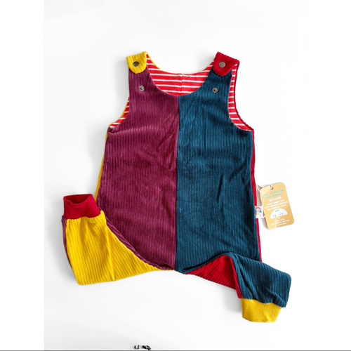 Children's outfit with red yellow blue and purple corduroy overalls
