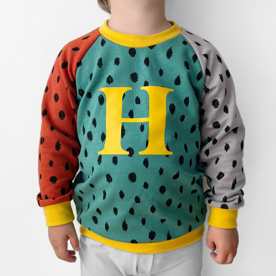 Personalised Initial Colour-Block Jumper | Organic Cotton Kids Sweatshirt | Unisex Raglan Top