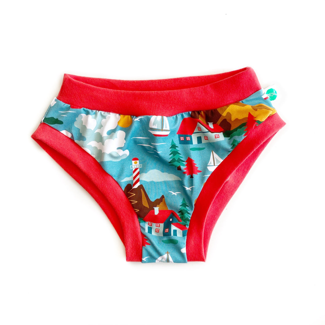Blue sailboat pattern organic cotton knickers with red trim